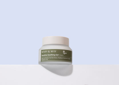 Mary&May Sensitive Soothing Gel Cream 70g - Průsvitný gelový krém se 71,8 % extraktu Houttuynia Cordata a 9,7 % extraktu z čajovníku (Tea Tree), určený ke zklidnění problematické a citlivé pleti.