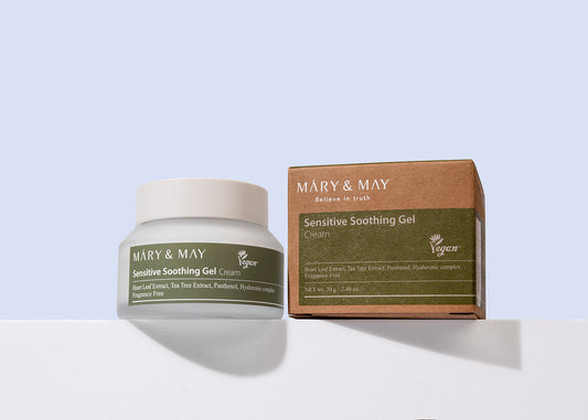 Mary&May Sensitive Soothing Gel Cream 70g - Průsvitný gelový krém se 71,8 % extraktu Houttuynia Cordata a 9,7 % extraktu z čajovníku (Tea Tree), určený ke zklidnění problematické a citlivé pleti.