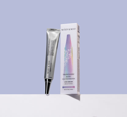 Mary&May Tranexamic Acid+Glutathione Eye Cream 30g - Oční krém s 1 000 ppm kyseliny tranexamové a 1 000 ppm glutathionu, určený k intenzivní péči o tmavé kruhy v oblasti očního okolí.