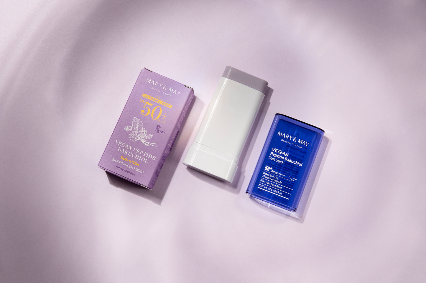 Mary&May Vegan Peptide Bakuchiol Sun Stick SPF50+ PA++++ 18g - Opalovací tyčinka s SPF 50+, která kombinuje vysokou ochranu před UVA a UVB zářením s cílenou péčí o pleť.