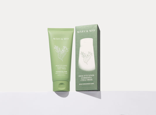 Mary&May Houttuynia Cordata+Tea Tree Cleansing Foam 150ml - Jemná čisticí pěna určená pro každodenní péči o pleť se sklonem k citlivosti, podráždění, nadměrné tvorbě kožního mazu a akné.