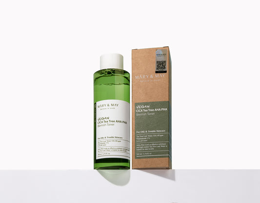 Mary&May Vegan CICA Tea AHA PHA Blemish Toner 200ml - Zklidňující a jemně exfoliační pleťový toner určený pro každodenní péči o problematickou, citlivou a aknózní pleť.